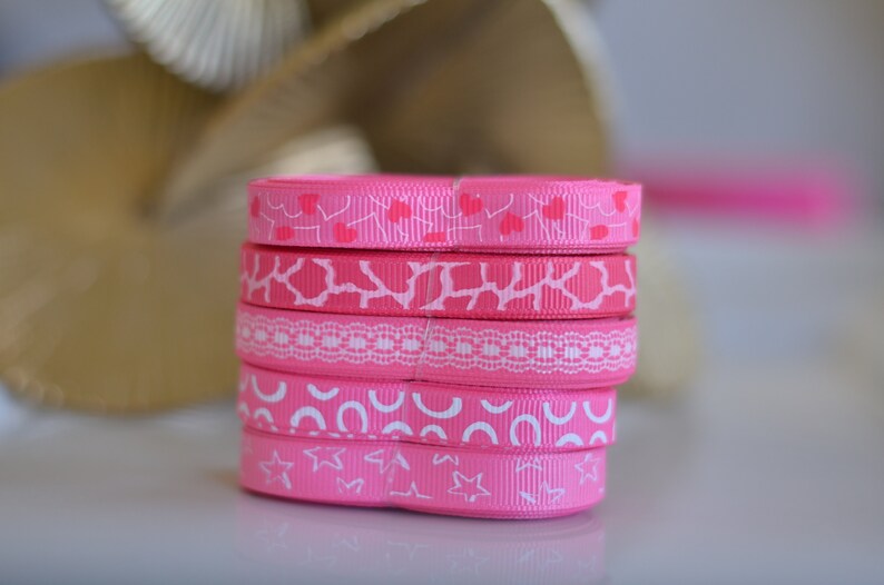 Grosgrain Ribbon Hot Pink and White theme 3/8 inch Hearts, Stars, Lace, Animal Print image 1