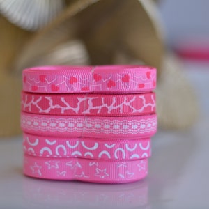 Grosgrain Ribbon Hot Pink and White theme 3/8 inch Hearts, Stars, Lace, Animal Print image 3