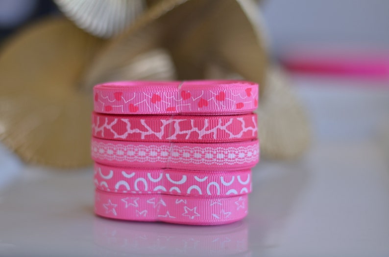 Grosgrain Ribbon Hot Pink and White theme 3/8 inch Hearts, Stars, Lace, Animal Print image 3