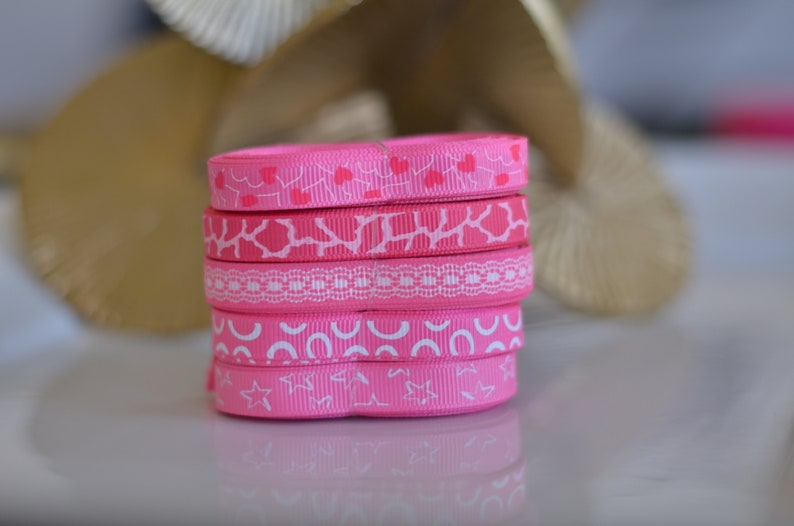 Grosgrain Ribbon Hot Pink and White theme 3/8 inch Hearts, Stars, Lace, Animal Print image 2