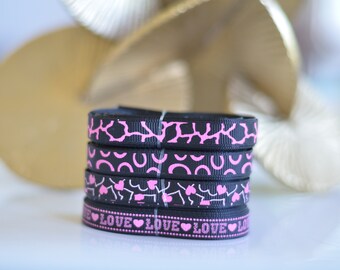 Grosgrain Ribbon Black and Pink theme -- 3/8 inch -- Love- Hearts- Giraffe - Circle