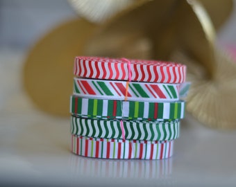 Satin  Ribbon Christmas  theme  -- 3/8 inch -- cane, strips, Red Green White