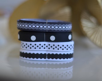 Grosgrain Ribbon Black- White -   theme -- 3/8 inch -- Lace- Hearts- Dots - Circle- Strips-Giraffe