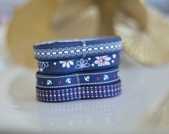 Grosgrain Ribbon Navy  and Light Pink theme  -- 3/8 inch -- Lace, Dots, Floral, Anchors,  Pink flowers