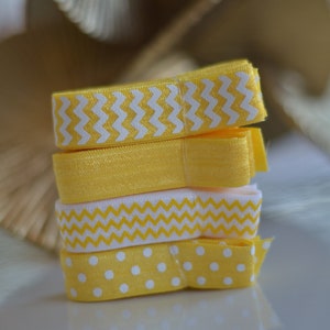 BundleM15 4 yards Yellow White pattern_ Chevron, Dots, Wave Fold Over Elastic, Headband, Headbands, ,Satin Elastic, Shiny, Summer image 2