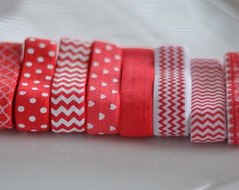 Bundle#M6 4 yards Red White Fold Over Elastic, Headband, Elastic Headbands,FOE  ,Satin Elastic, Shiny- Valentines, Canada Day