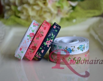 Roses 3/8" printed floral vintage grosgrain Ribbon print natural-Hair clips, Hair accessories