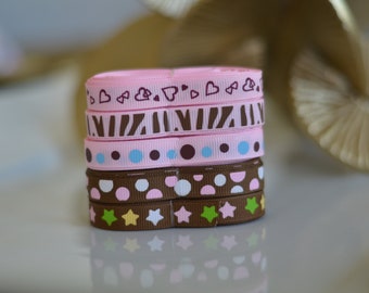 Grosgrain Ribbon Light Pink Brown  theme  -- 3/8 inch -- Stars, Dots, small hearts valentine, Blue