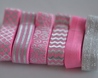 Bundle#M8 4 yards Foil Silver Hot Pink Fold Over Elastic, Headband, Elastic Headbands,  ,Satin Elastic, Shiny, XOXO