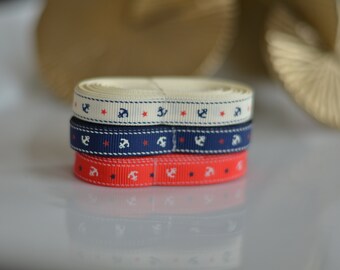 Grosgrain Ribbon Nautical Anchors and Stars Print -- 3/8 inch -- Navy Blue White Anchors Red Stars- Red White Anchors Navy Blue Stars