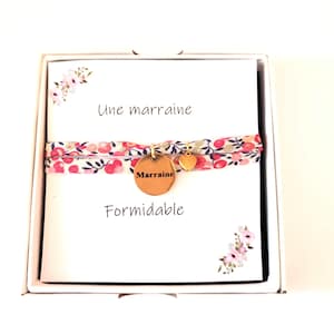 Fancy bracelet with Liberty cord and engraved godmother medal and card &quot;you are a wonderful godmother&quot;, stainless steel.