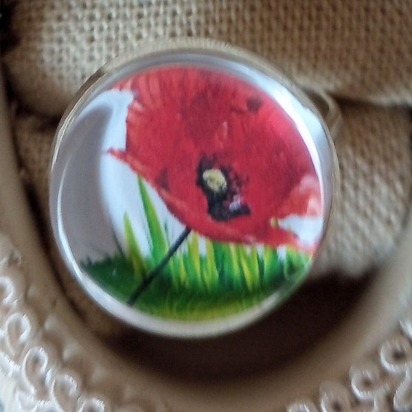 Bague cabochon coquelicot