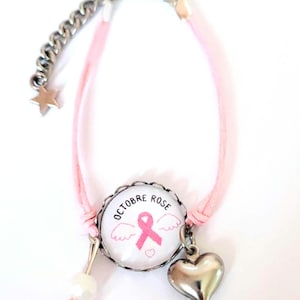 Fancy bracelet with pink ribbon cabochon, pink October, wing, breast cancer, stainless steel.