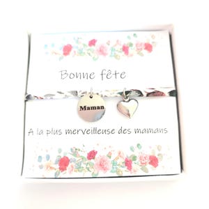 Coffret  cadeau fete des mères. Bracelet  fantaisie pendentif gravé maman et carte  bonne fête maman.acier inoxydable ,cordon liberty.