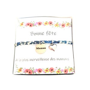 Coffret  cadeau fete des mères. Bracelet  fantaisie pendentif gravé maman et carte  bonne fête maman.acier inoxydable ,cordon liberty.