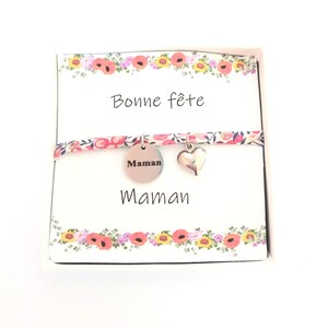 Coffret  cadeau fete des mères. Bracelet  fantaisie pendentif gravé maman et carte  bonne fête maman.acier inoxydable ,cordon liberty.