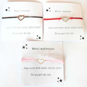 Bracelets fantaisie pendentifs coeurs et carte merci maîtresse, nounou, atsem. idée cadeau fin d'année scolaire.acier inoxydable.