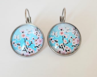 Boucles d'oreilles cabochons  fleurs de cerisier Sakura