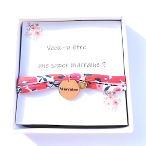 Coffret Bracelet  fantaisie cordon liberty  médaille marraine ,carte veux tu être une super marraine? acier inoxydable ,idée cadeau .