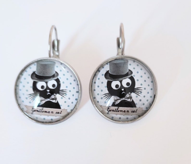 Gentleman cat cabochon earrings image 1