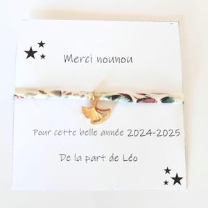 Pulsera elegante con cordón Liberty, colgante y tarjeta de agradecimiento para la niñera. Ideal para regalo de fin de año. Acero inoxidable.