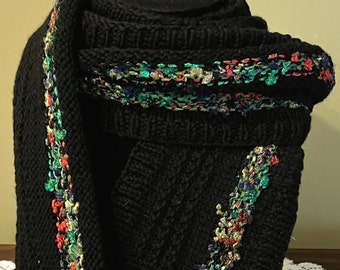 Hand Knit Merino Wool Scarf in Black with Multi-Colored Stripe (Item #242)