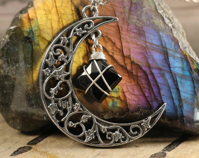 Onyx Crescent Moon Necklace for Protection