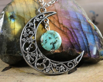 Chrysocolla crescent moon with ivy necklace , celestial necklace, moon jewelry, Wiccan necklace, Pagan pendant, gothic pewter made in USA