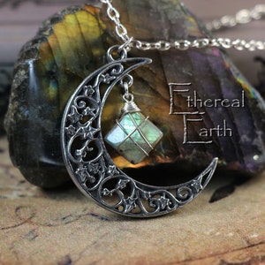 Medieval jewelry Labradorite crescent moon ivy necklace, wrapped labradorite gemstone, ivy pagan pendant, castle, pewter pendant made in USA