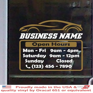 May include: A gold car silhouette with the text "BUSINESS NAME" and "Open Hours" above a white sign with business hours listed: Monday through Friday 9am to 4pm, Saturday 9am to 12pm, Sunday Closed, and a phone number (123) 456-7890.