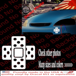 May include: White vinyl decal of a bandage with a white center and black dots around the edges. The decal is on a blue car with a red and white Japanese flag in the background. The text "Check other photos" and "Many sizes and colors >>>>>>" is visible below the decal.