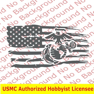 May include: A distressed American flag with the USMC emblem in the center. The flag is gray and has a white background. The text "USMC Authorized Hobbyist Licensee" is at the bottom of the image.