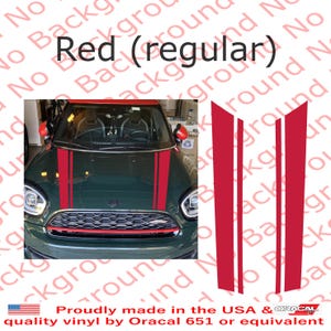 May include: Red vinyl hood stripes for a Mini Cooper. The stripes are two red lines on a dark green car. The stripes are made of Oracal 651 vinyl and are proudly made in the USA.