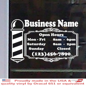 Many Colors & Sizes- Barber Shop Hair Salon Beauty Business Shop Name Open Hours Days Phone Number Info Glass Door Window Vinyl Decal BS026G