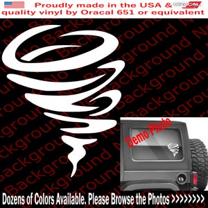 May include: White vinyl decal of a tornado design. The decal is shown on the back window of a black SUV. The decal is available in a variety of colors.  Dozens of Colors Available. Please Browse the Photos >>>>>>