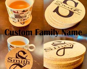 Personalized Custom Family Last Name Cork Coasters | Set of 4 or 6 pieces | for Home Sweet Home Housewarming New Home Move In Party Gifts