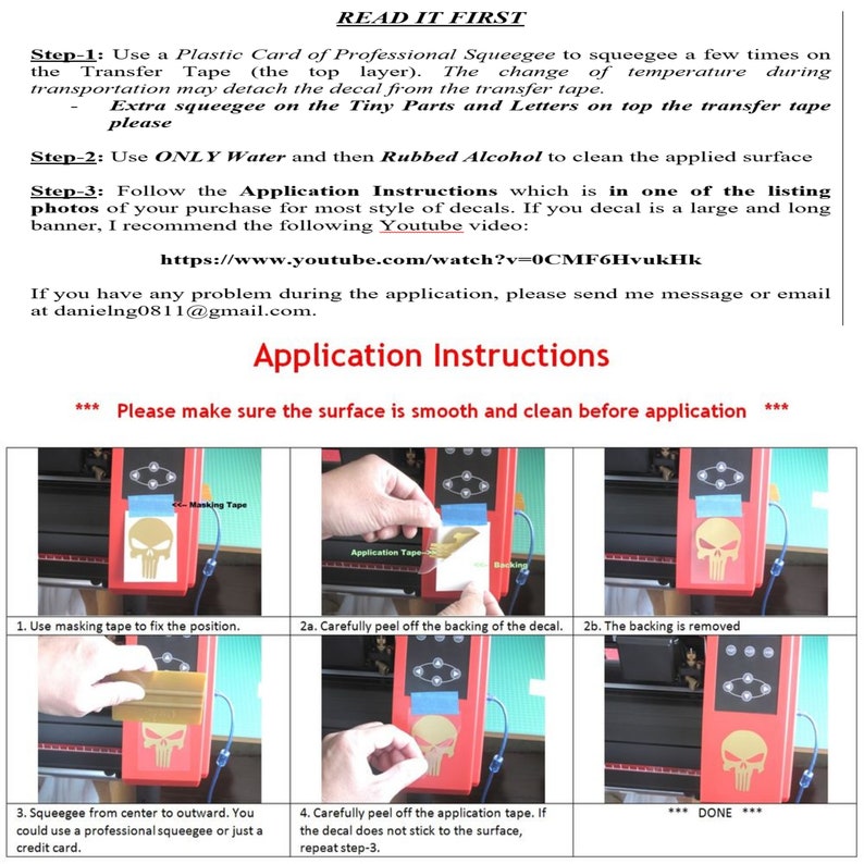 May include: Instructions for applying a decal to a surface. The steps are illustrated with images of a skull decal being applied to a red surface. The steps include using masking tape, peeling off the backing, and using a squeegee to smooth out the decal.