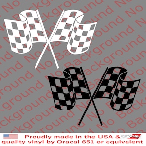 May include: Two black and white checkered flags crossed over each other. The flags are waving in the wind. The flags are on a white background.