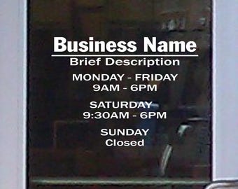 Custom Lettering Business Shop Name Open Hours Days Phone Number Info for Glass Door Window Vinyl Die Cut No Background Decal BS026H