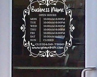 Custom Lettering Personalization Business Shop Open Hours Vinyl Decal - Days Phone Number Information for Glass Door Window BS026J