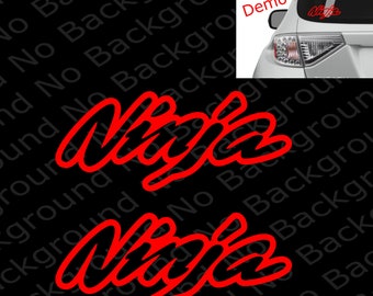 May include: Two red vinyl decals with the word "Ninja" written in a stylized font. The decals are shown on a black background.