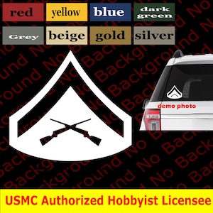 May include: White vinyl decal of a USMC Sergeant's rank insignia with crossed rifles. The decal is on a black background with the text "USMC Authorized Hobbyist Licensee" at the bottom.