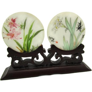 Chinese Miniature Plaques /Pink Lilies White dasies/ Ink & Wash  Hand Painted/ Petite White Hardstone Round Paintings /Carved Wood Stand