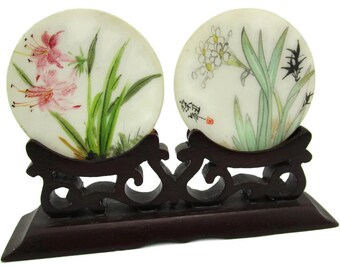 Vintage Chinese Hardstone Paintings: Lilies & Daisies, Carved Wood Stand