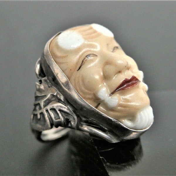 TOSHIKANE Okina- 翁面 Ring/Good Fortune Kanji Symbol/Niello Accented 950 Silver/Japanese Noh Play Mask/Hand Painted Arita Porcelain/Size 6 3/4