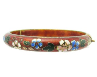 Brown Chinese  Cloisonne Hinged Bangle/Vintage Botanical Bracelet/Blue Green White Enamel Flowers/Gold Plated Finish