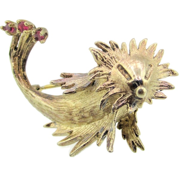 Les Bernard 925 Gestreepte Frogfish Pin/Rare 1968 Diamond-Point Series/3 Echte Robijnen/14k Vergulde Sterling Zilveren Vermeil Broche