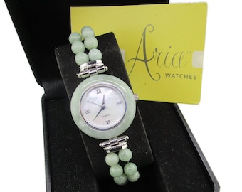 Aria 925 Jade Watch/Roman Numerals/ Sterling Silver Jadite Bezel /Mother of Pearl Dial/6mm Round Beads Elastic Strung/New Battery