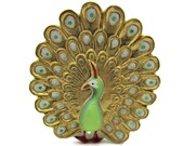 29mm Toshikane PEACOCK Bird Flat Back Tile トシカネ Hand Painted Arita Porcelain Mint Green Gold Brown Art Jewelry Making Cab NOT a BUTTON