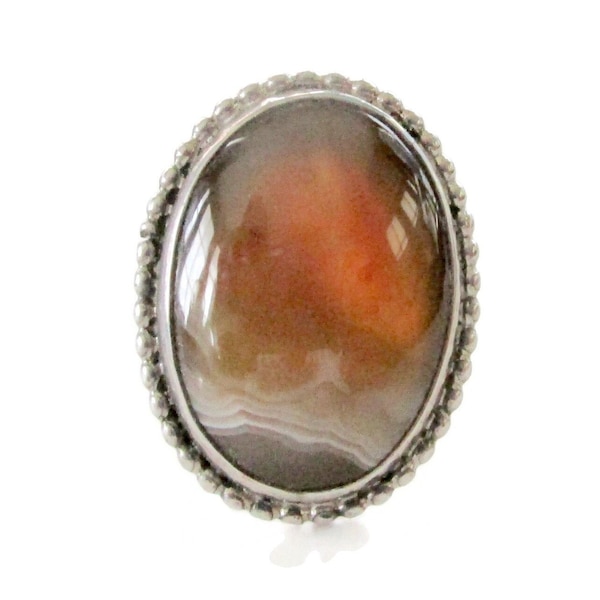 Art Deco Samuel Platzer Agate Ring/ 925 Sterling Silver Size 7/ Oval Brown white banded Dome/Natural Stone Cabochon / 7.8 grams
